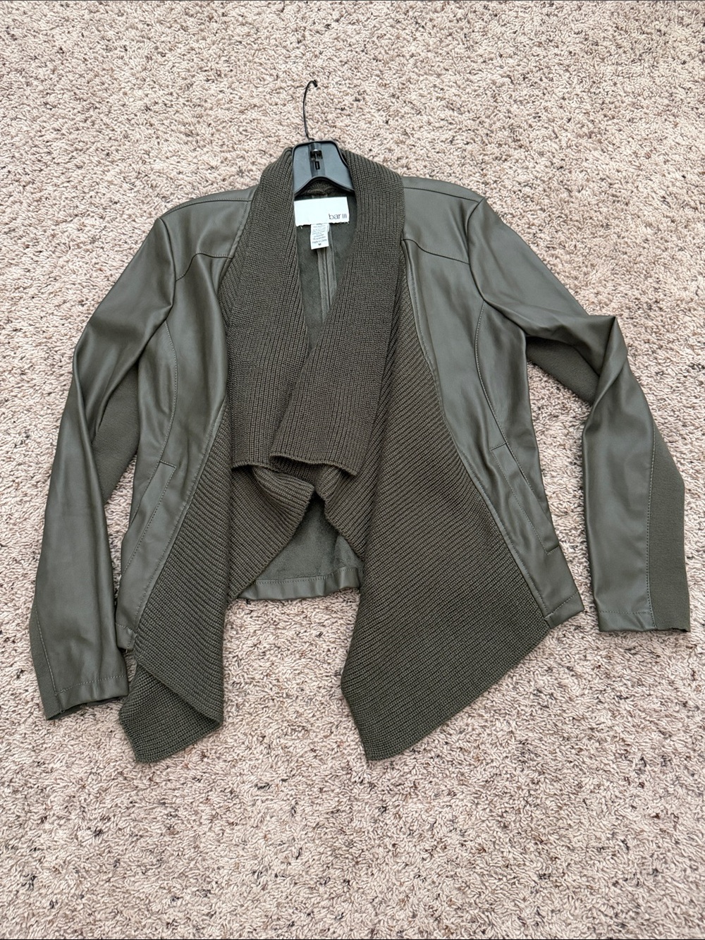 Bar III Olive Green Faux Leather & Knit Open Front Jacket